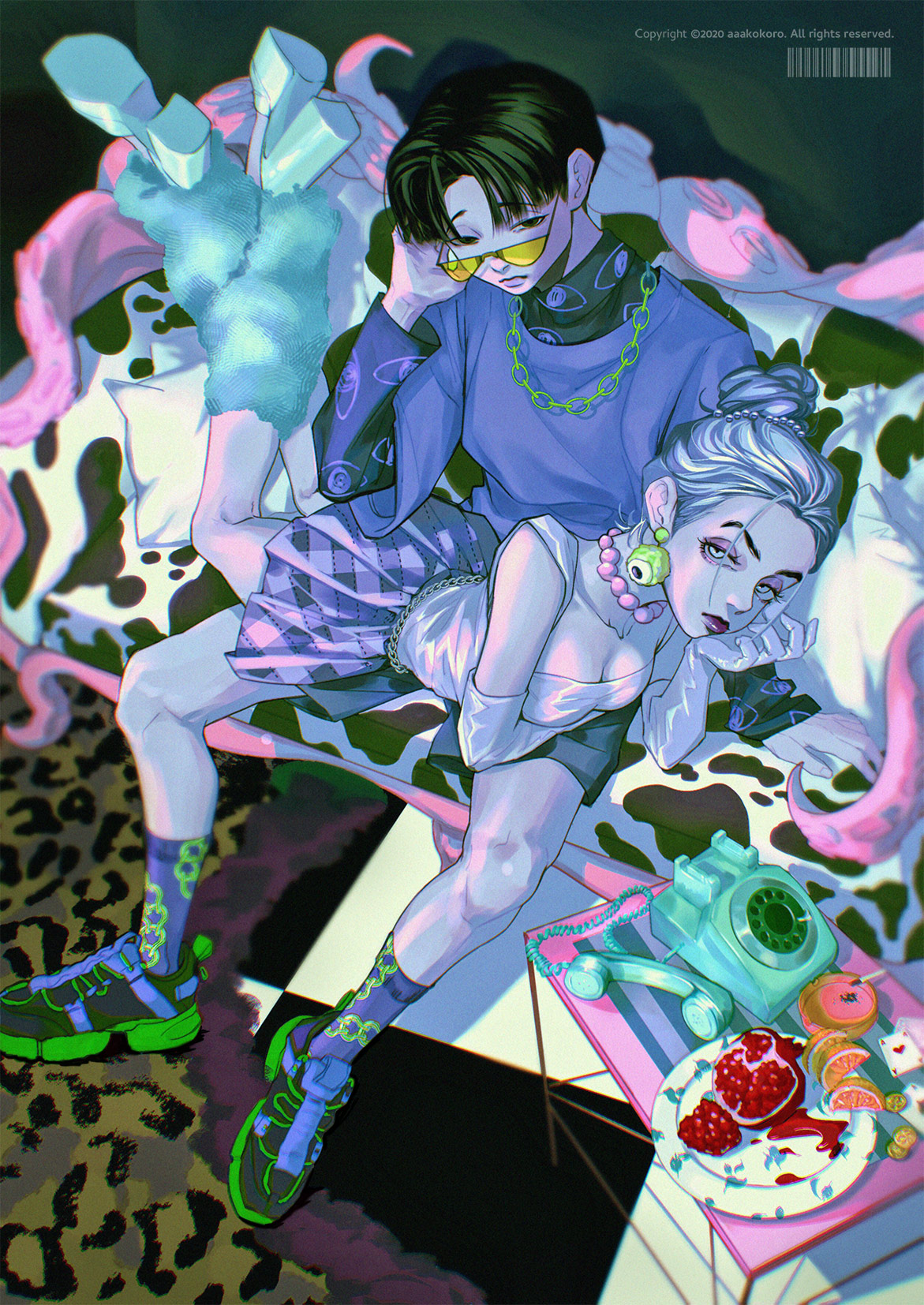 a fashionable young couple is lounging on a cowprint couch in a room decorated with trendy patterns and colors. the man, wearing a purple top and yellowtinted sunglasses, leans against the woman. she sports a white top, a purple plaid skirt, and heartshaped earrings. the scene evokes a sense of playful intimacy and edgy fashion.  the lighting is primarily artificial, creating a cool and vibrant atmosphere.