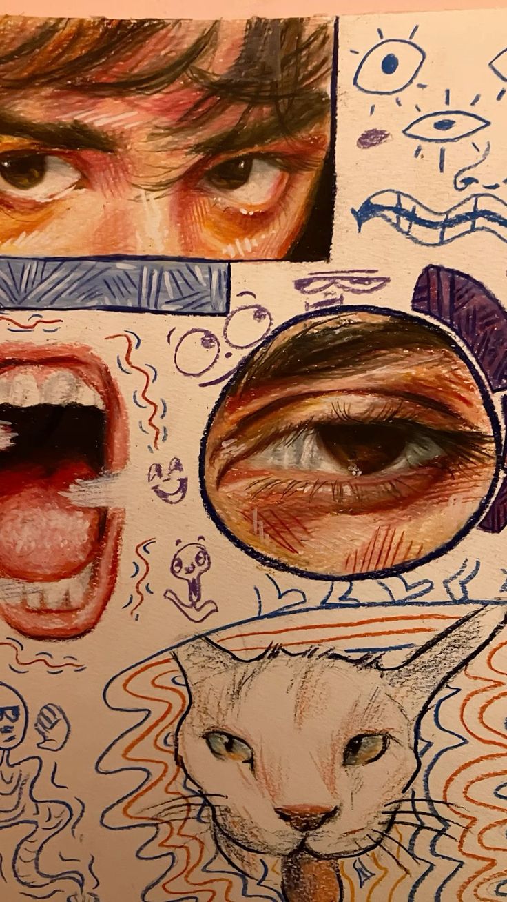 he image is a vibrant and eclectic mixedmedia artwork.  it appears to be a collage of drawings and doodles, featuring prominently a realistic depiction of a person's eyes and a cat's face.  surrounding these central elements are various smaller sketches – abstract shapes, eyes, a mouth, and a series of doodles in a mix of styles and colors. the overall style is expressive and slightly chaotic, yet unified through its use of similar colors and textures.  the style suggests a young, creative individual's expression.