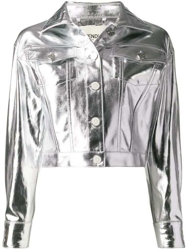 the image shows a silver metallic jacket with a collared neckline and long sleeves. the jacket is buttoned down and has a cropped length. it appears to be made of a shiny, reflective material. the label inside reads "fendi".