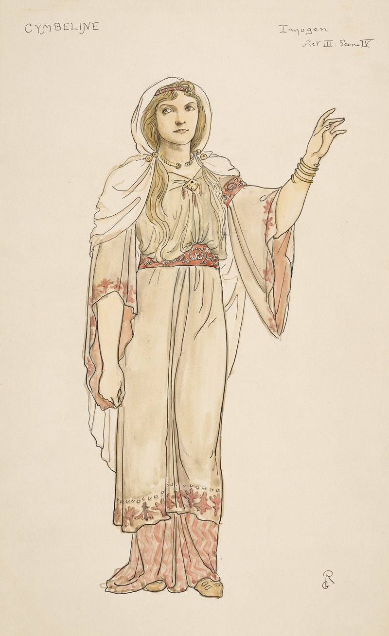 an illustration of imogen, a character from shakespeare's play cymbeline. imogen is depicted as a fullfigure drawing, wearing a lightcolored gown with a red and gold decorated belt, and an embroidered hem. she is also wearing a hooded cape and gold bracelets, and has a necklace. her right arm is raised, as if gesturing. the illustration is labeled "cymbeline" and "imogen act iii scene iv." it appears to be a costume design for a stage production.