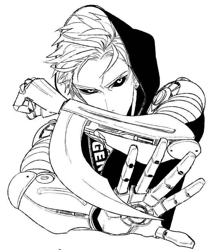 the image is a detailed black and white line drawing, likely fanart, of genos from the anime/manga series one punch man.  he is depicted in a dynamic action pose, his face partially obscured by a hood and his robotic arm prominently featured. the style is sharp and detailed, focusing on the intricate mechanical aspects of his cyborg body, with strong lines emphasizing the intensity of his expression and stance. a curved bladelike weapon seems to be held within his arms. the overall mood is one of action and focused aggression.
