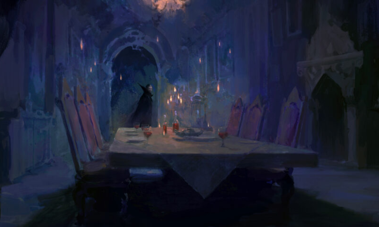 an ominous dining room scene with a long table set for a feast. a shadowy figure in a widebrimmed hat and a long cloak stands at the far end of the table, back to the viewer, adding to the mysterious atmosphere. the room is dimly lit by candles on the table and walls, casting long shadows and highlighting the gothic architecture. the overall mood is dark, intriguing, and slightly unsettling.