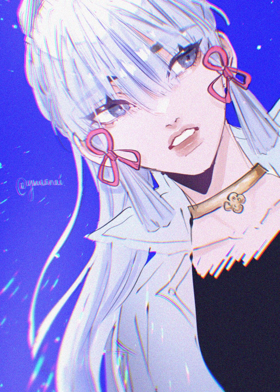 a digital illustration of a young anime girl with long white hair wearing a pink bow in her hair. she is wearing a white jacket and has a blue background.  the style is cool and pretty and is done in the anime style.