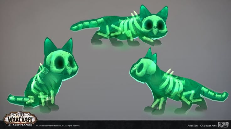 the image shows three different views of a creature design for a pet in the world of warcraft: shadowlands expansion. the pet is an undead cat with a skeletal structure visible through a translucent green, ghostly body. the concept art, created by ariel fain, shows the cat in various poses: sitting, crouching, and lying down. the design is cartoonish and stylized, with exaggerated features like large eyes and a visible spine. the image also includes logos for world of warcraft: shadowlands and blizzard entertainment, as well as the artist's name and title.