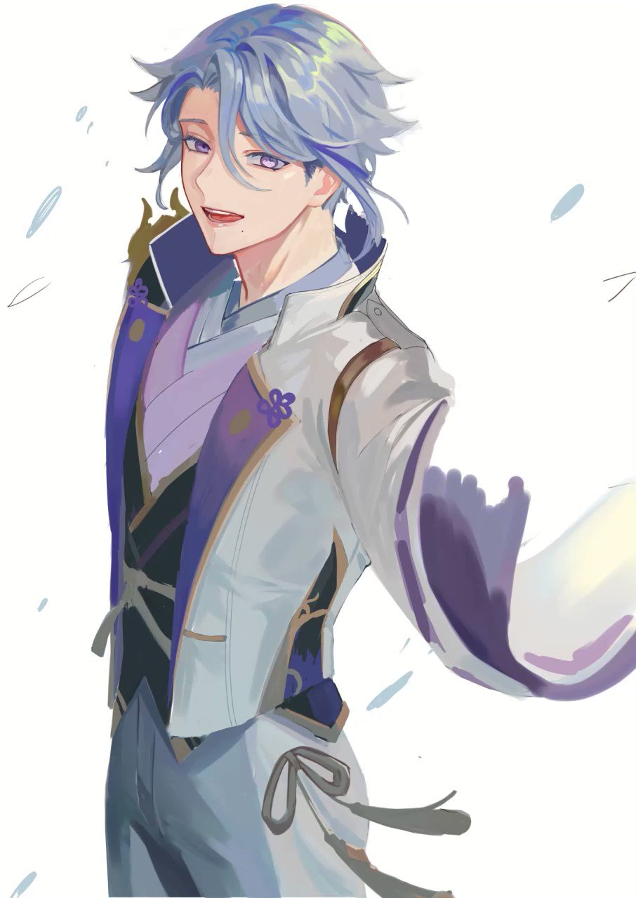 this is an anime style illustration of a young man. he has blue hair and purple eyes, and he is wearing a white kimono with purple accents. he is smiling and looking to the side. he is standing in a pose that suggests he is either greeting someone or about to dance. the image is digitally created and has a soft, airy style.