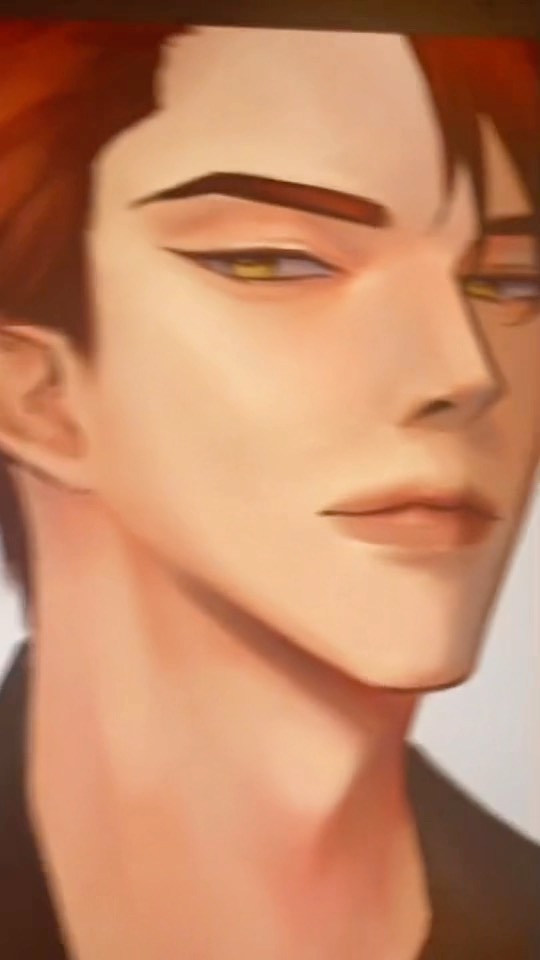 the image is a digital painting or drawing of a young, handsome man, likely a character from anime, manga, or manhwa. the style is semirealistic, with a focus on detail in the facial features. he has reddishbrown hair,  golden or light brown eyes, and a serious, almost pensive expression. the art is skillfully done, highlighting the character's sharp and attractive features. the overall tone is elegant and stylish. the closeup nature of the portrait emphasizes the character's face and expression.
