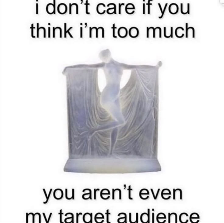 the image is a meme that conveys a message of selfassurance and not caring about others' opinions. it features the text "i don't care if you think i'm too much" at the top and "you aren't even my target audience" at the bottom. in the center is a statue of a nude woman holding up a cloth or shawl that frames her body. the overall tone is sassy and defiant.