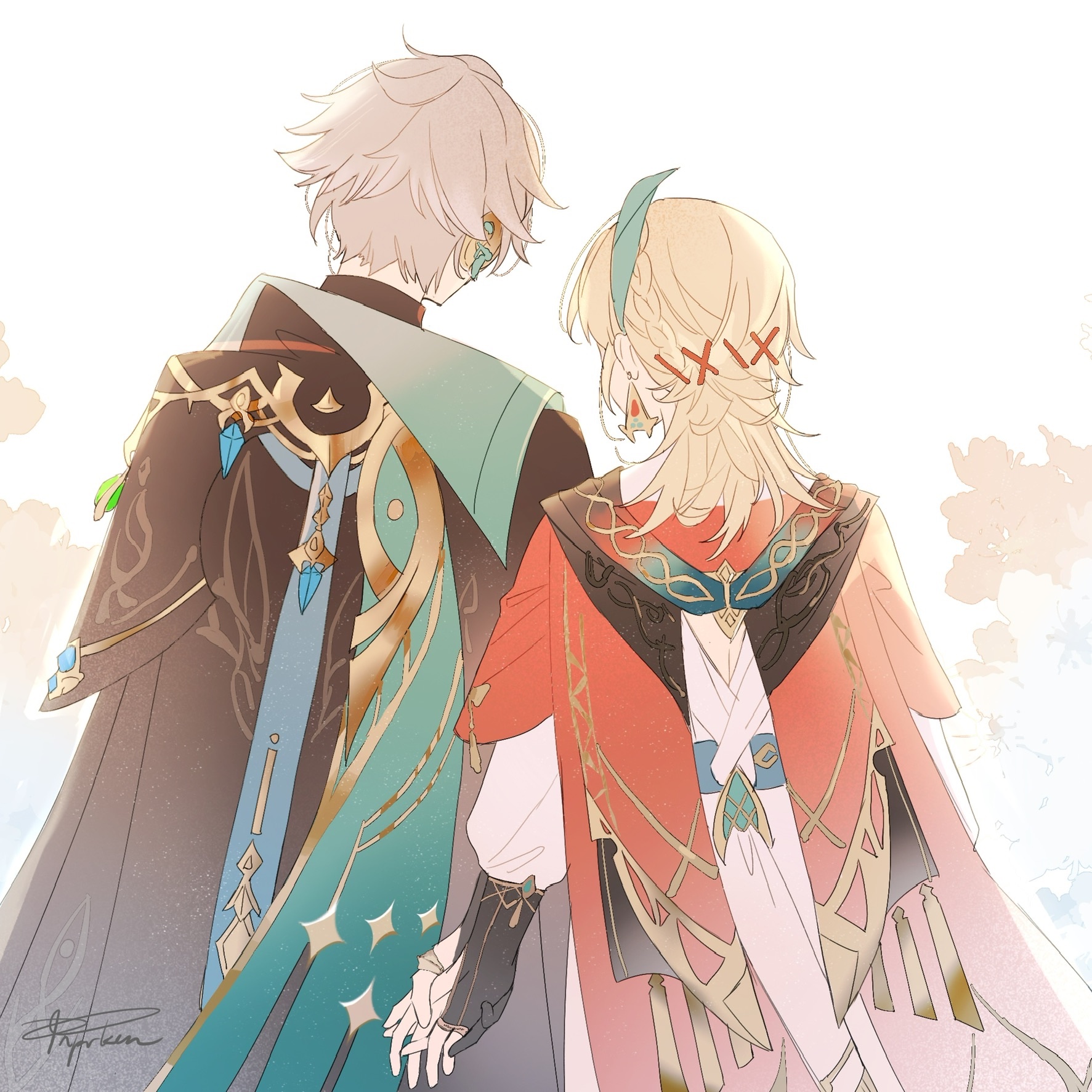 this is a digital art piece depicting a couple walking away from the viewer. the male character has white hair and is wearing a green and brown outfit with a blue and gold pattern, while the female character has blonde hair and is wearing a red and pink outfit with a blue and gold pattern. they are both holding hands and walking away from the viewer. the background is blurred and there are some flowers in the background. this image is reminiscent of the anime style, and it is likely drawn from the video game genshin impact as the characters albedo and klee.