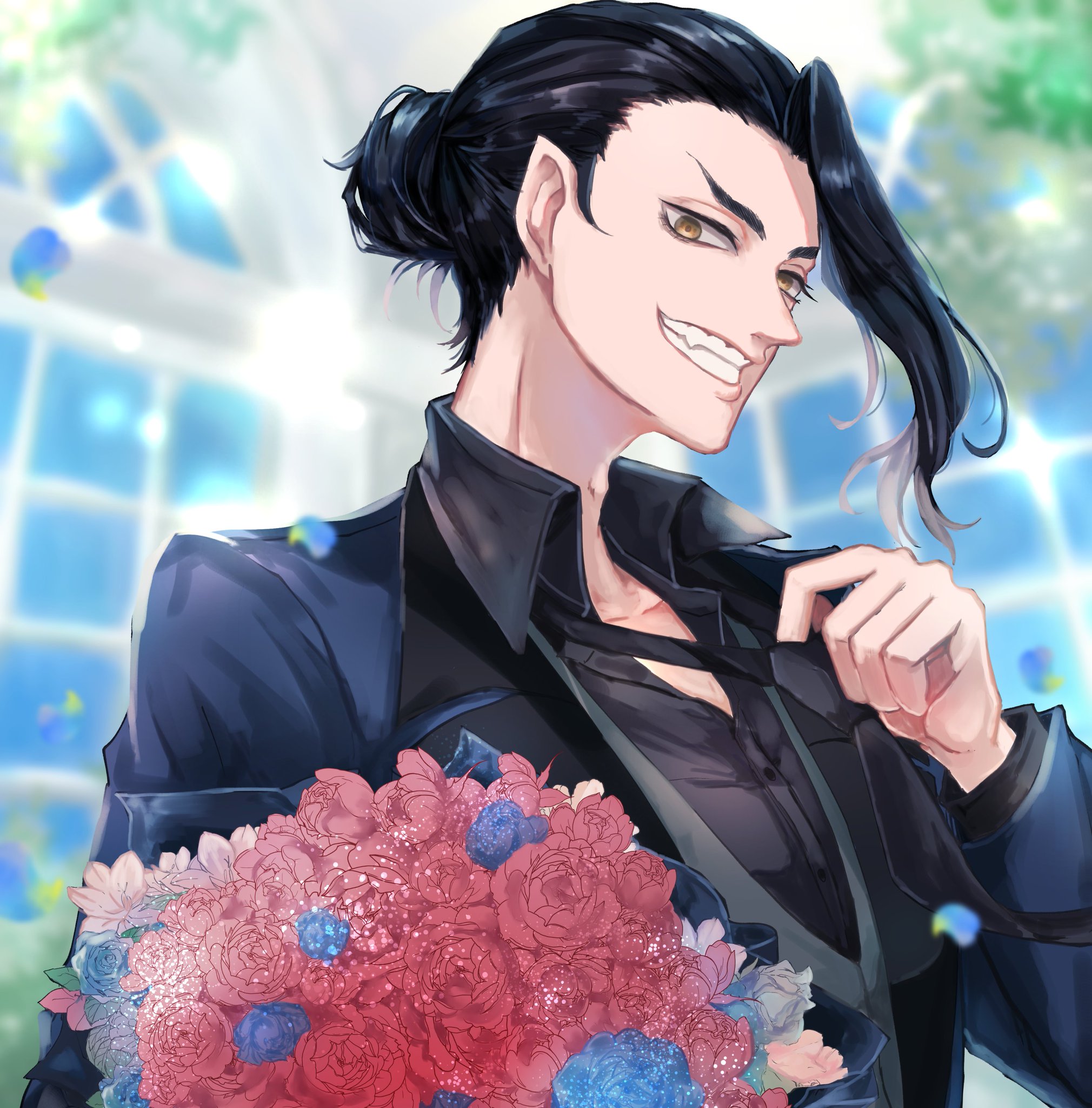 the image features a young anime man with black hair pulled back into a ponytail, a single strand of white hair peeking out at the bottom. he is wearing a black suit and tie, and is holding a bouquet of red and blue flowers. he is looking towards the viewer with a smile on his face.