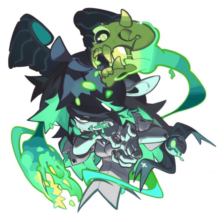 the image is a vibrant digital illustration of a stylized cartoon character, possibly from a video game or anime. the main figure appears to be a female character with dark hair and elflike ears, partially merged or intertwined with a grotesque, green, slimelike creature. this creature has skeletal features and appears somewhat menacing, yet the overall style maintains a quirky, almost cute aesthetic.  the color palette is dominated by various shades of green, teal, and black, with bright glowing accents.  the design features dynamic lines and shapes, giving it an energetic and playful feel.  the background is mostly transparent with swirling, glowing green effects that further enhance the fantastical nature of the characters. the style is reminiscent of modern cartoon and anime character designs with a focus on bold colors and slightly exaggerated features.