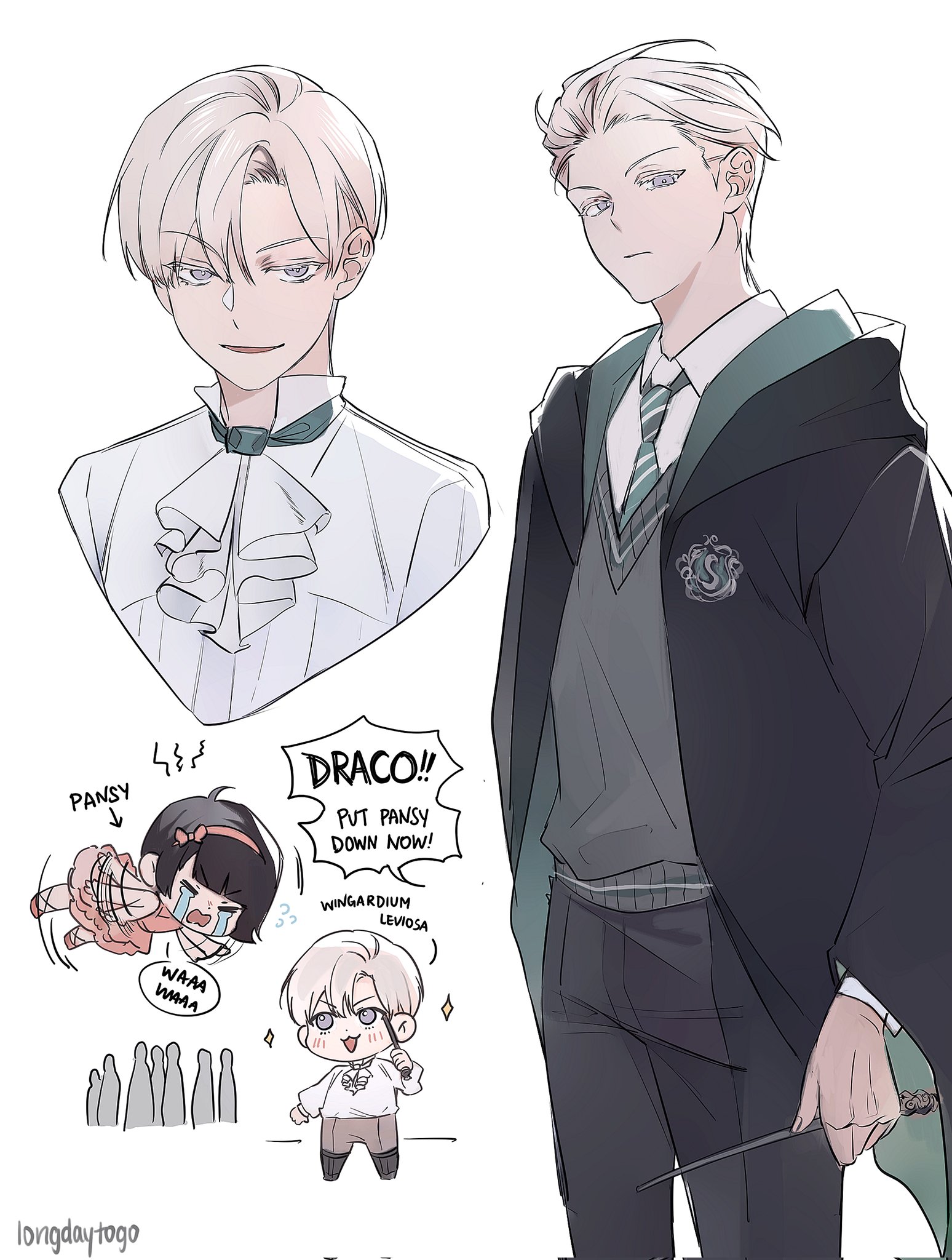 the image is a stylized fanart depicting characters from the harry potter series, specifically draco malfoy. the art style is reminiscent of anime or manga, with clean lines and soft shading. there are two main panels showing different depictions of draco: one in elegant attire resembling a slytherin student and one as a chibistyle character casting a spell.  a smaller panel shows a chibi pansy parkinson being levitated. text bubbles add context to the scene, with draco seemingly scolding himself for something involving pansy. the overall mood is lighthearted and humorous, blending the characters' formal appearances with playful elements.