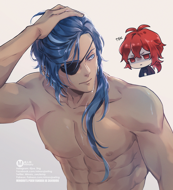 this illustration is a fanart depicting a male anime character with blue hair and an eyepatch. he has muscular, toned abs and chest and is shirtless. he has his hair in a ponytail and is blushing. he's looking away and seems a bit embarrassed. in the background, there is a small pixelated image of a redhaired boy with a red shirt with the word "tsk" above him. the background is white. the style of the drawing is anime/manga.