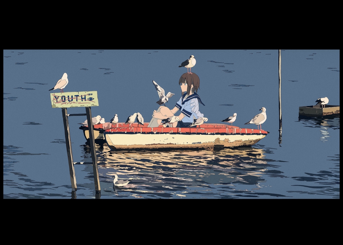 an animestyle illustration of a young girl in a sailor uniform sitting in a small boat on a calm lake.  several seagulls are perched on the boat and around her. a sign reading "youth" is visible in the background. the overall atmosphere is peaceful and serene, suggestive of a summer day. the style is reminiscent of contemporary digital painting, emphasizing soft colors and atmospheric perspective.