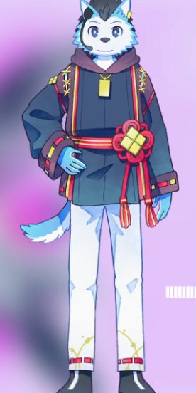 an anime furry wolf character in a traditional japanese style kimono with white pants and black shoes. the wolf has blue fur and white markings on its face. the kimono is red and black with gold accents and a red sash. the character is standing in a relaxed pose with its arms at its side. it is surrounded by a purple background.