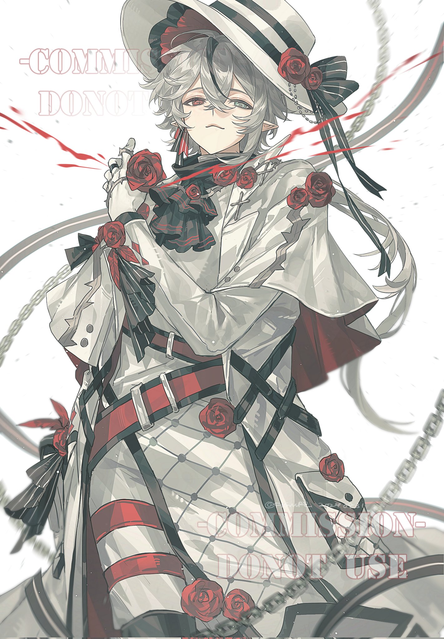 the image is an animestyle illustration of a male character. he has white hair, elf ears, and heterochromatic eyes. he is wearing a white suit adorned with red roses and black ribbons. he also wears a white hat with a black stripe and roses. there are chains in the background, and blood splatters near the character's hands. the image has a watermark that says "commission  do not use".