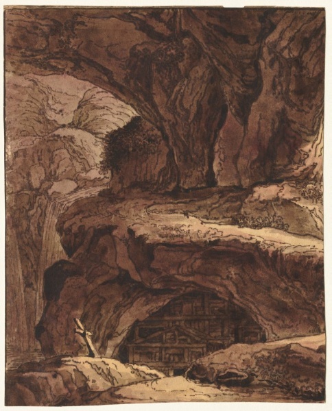 the image is a drawing in shades of brown depicting a landscape featuring a cave entrance nestled within a mountainous region. a waterfall cascades down the rocks on the left side of the drawing. inside the cave, a structure can be seen, possibly a building or some other constructed element. the overall style suggests a classical or historical artistic rendering.