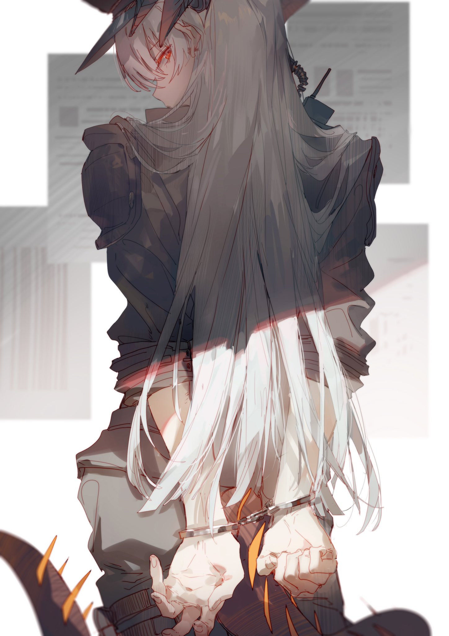 the image shows an animestyle girl with long, white hair and red eyes. she is wearing a dark jacket and is handcuffed. a tail with spikes is visible behind her. in the background, there are blurred images of documents. the girl is shown in profile.