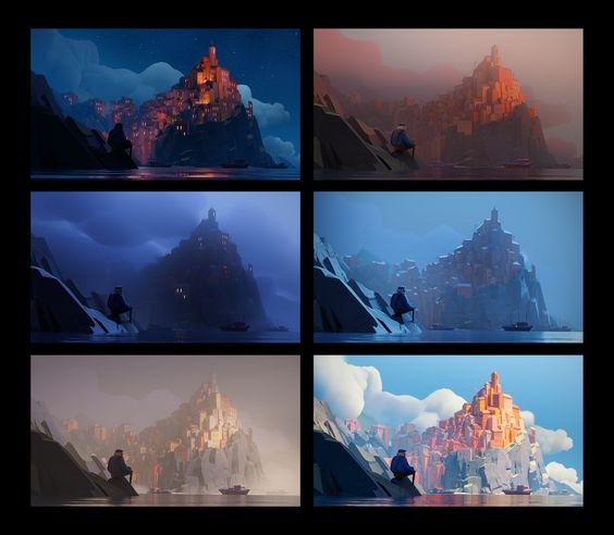 six panels show a lone man on a small, rocky island gazing toward a larger island, upon which sits a town with buildings clinging to the side of a mountain.  the town is shown under six different lighting scenarios:  starry night, sunrise, foggy night, midday, overcast, sunset.