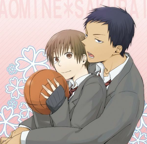 the image is a piece of fanart depicting a romantic embrace between two anime characters. one character appears to be aomine daiki and another sakurai ryota from the anime series kuroko no basuke (kuroko's basketball). they are in school uniforms and aomine has his arm around sakurai, who is holding a basketball.  the background is a soft pink with stylized cherry blossom designs. the overall style is characteristic of yaoi (boys' love) manga and fanart, highlighting a romantic and intimate relationship between the two characters.