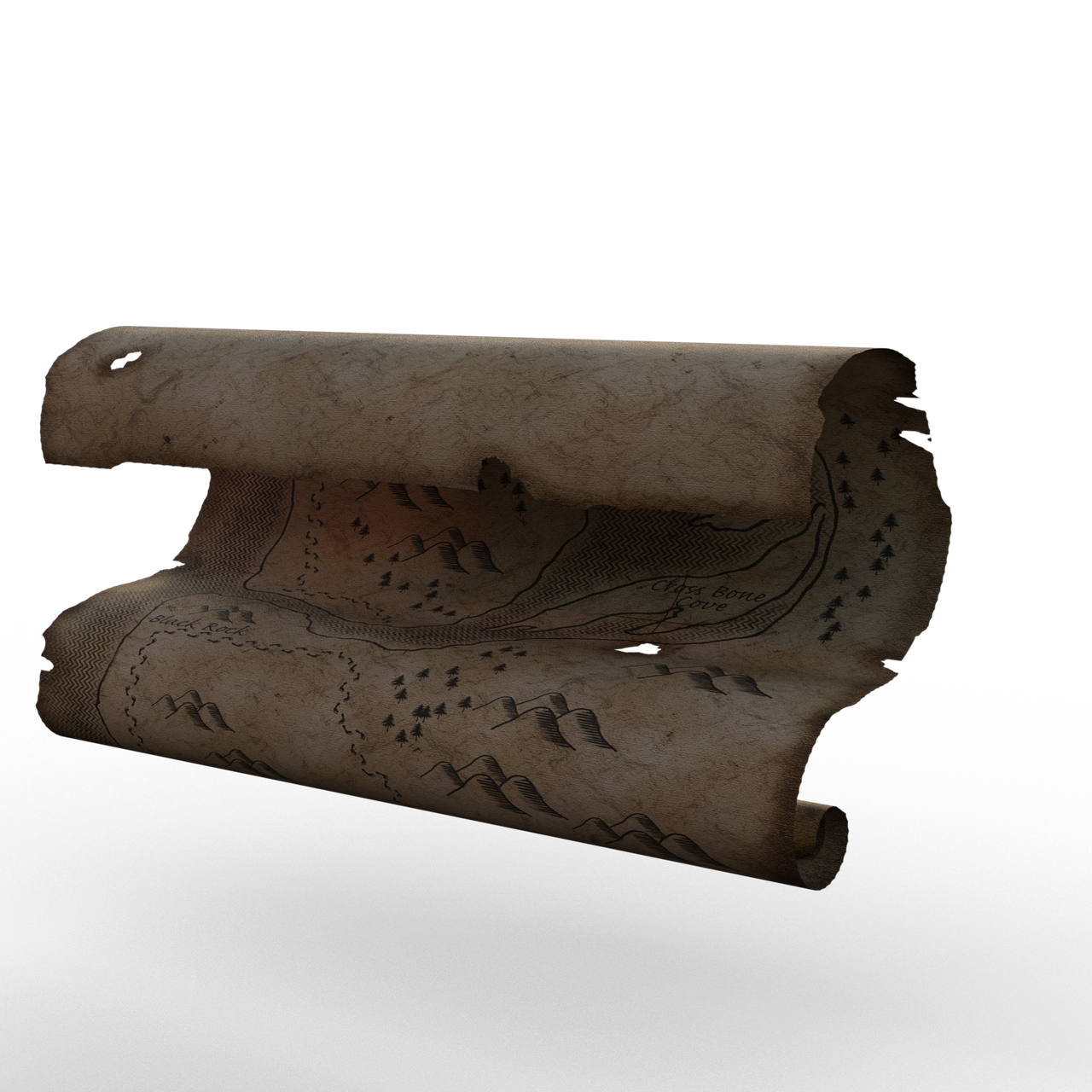 a rolled up, old fantasy map with burnt edges is displayed against a black background. the map depicts terrain features such as mountains and forests. the parchmentlike paper has a weathered, vintage appearance, and it's partially unrolled to reveal more of the map.
