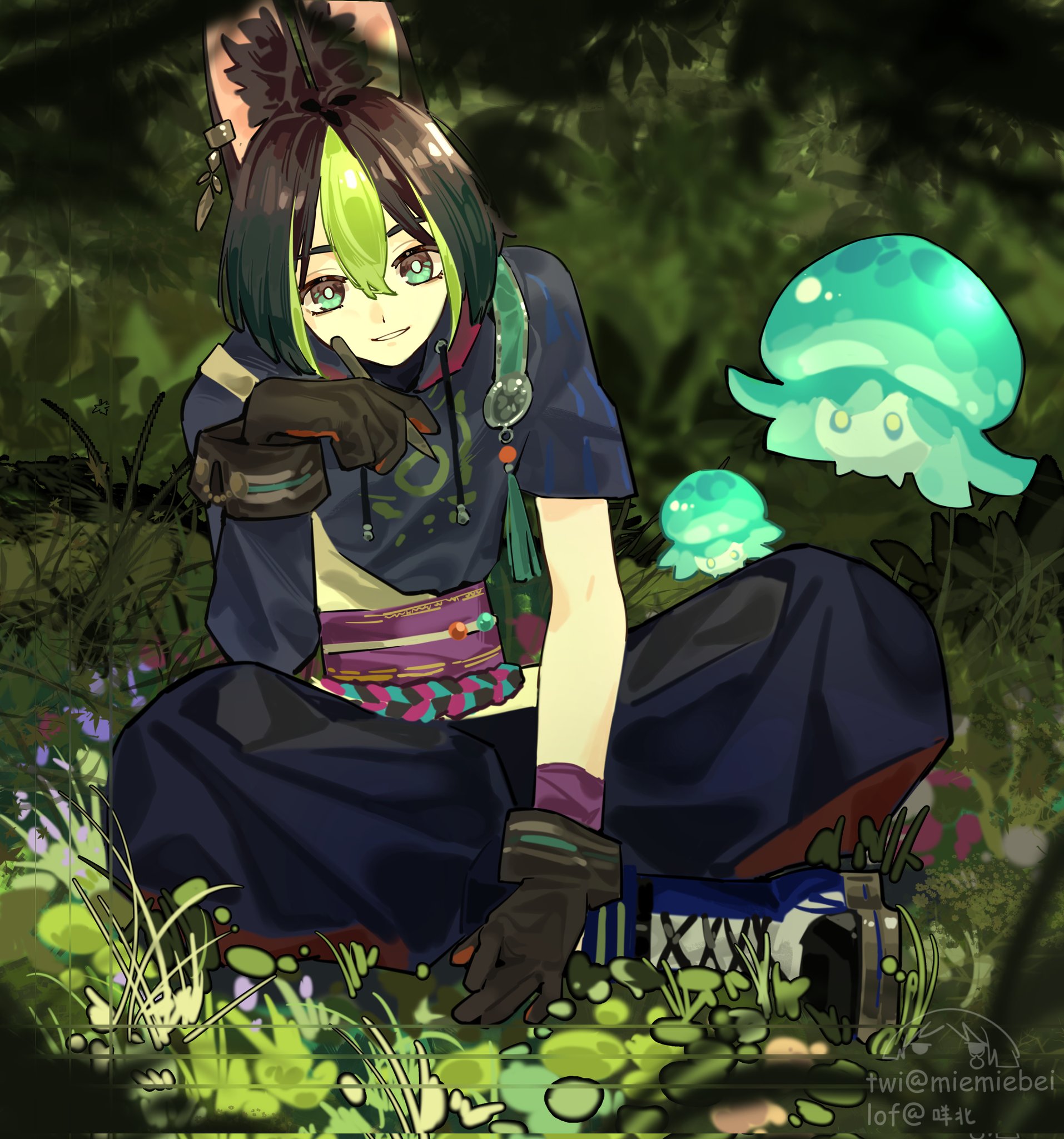the image is a digital art piece featuring an anime character sitting in a lush green forest. the character is wearing a colorful outfit, featuring black leather gloves, a purple belt, and blue shoes. they have green hair and green eyes and are looking at the viewer with a smile.  behind them, there are two blue and green jellyfish floating in the air, adding a touch of fantasy to the scene.