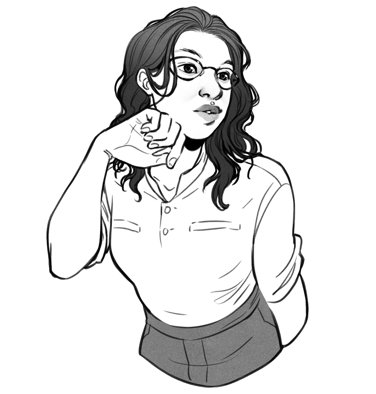 this is a black and white, sketched portrait of a woman from the shoulders up. she is wearing glasses, a collared shirt, and has medium length curly hair. her right hand is gently touching her chin as she looks to the left.