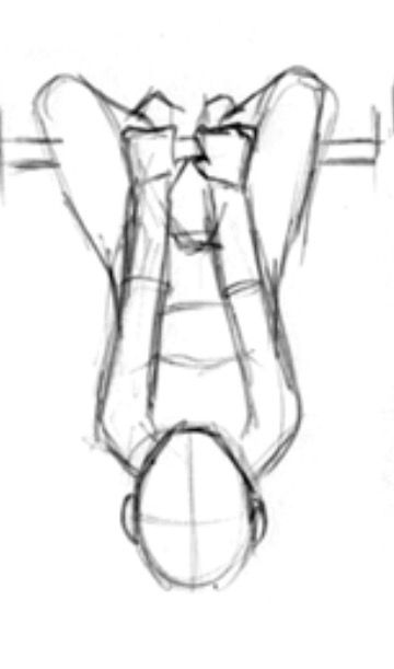 a simple line drawing of a human figure doing a handstand on a horizontal bar. the drawing focuses on the action and form of the body, emphasizing the arms and legs, as well as the contorted position of the head.  the lines are loose and freeflowing, creating a sense of movement and energy.