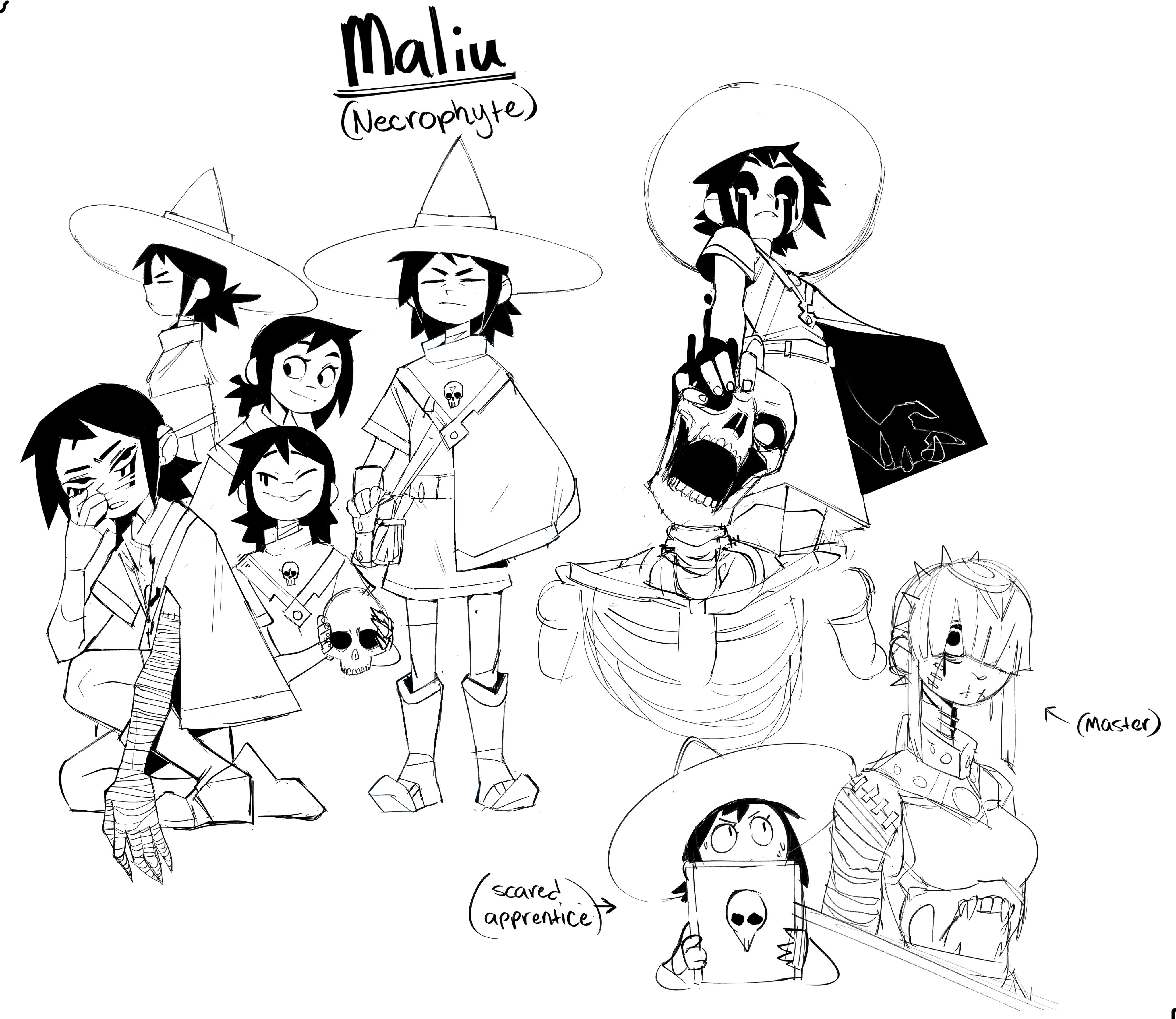 this is a digital illustration of a character design for a character named maliu. the illustration is in black and white and uses a cartoonish style. maliu is a young girl wearing a long witch’s hat and a robe. she is shown in different poses with different expressions and is labeled as a "necrophyte".  she is shown with different other characters, including an older woman with a bonelike staff and a skull head, as well as a younger woman with a bonelike staff and a skull head.  the image is accompanied by text labels that describe the character's traits and relationships.