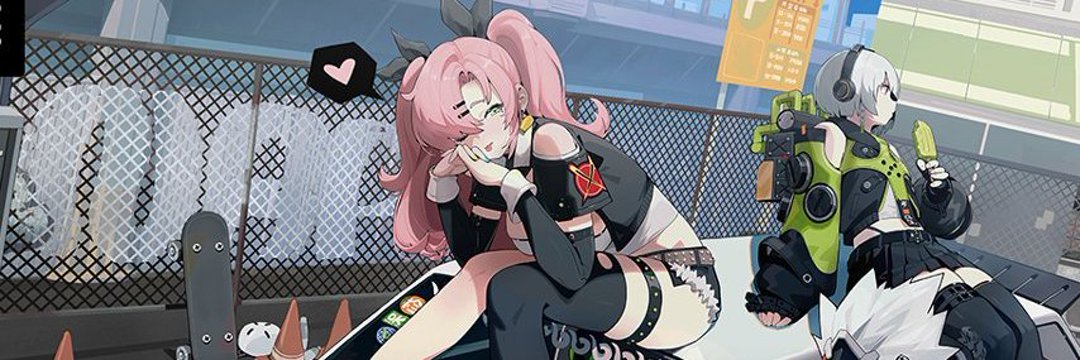 the image is a digital illustration of two anime girls. the girl on the left has long pink hair, a black jacket and a white shirt with a black skirt.  she's wearing black and white gloves and is sitting on a skateboard. the girl on the right is wearing a black and white jacket with black gloves and headphones and a black skirt. she is leaning on the skateboard, eating an ice cream popsicle. they are both in a urban setting with a fence behind them.