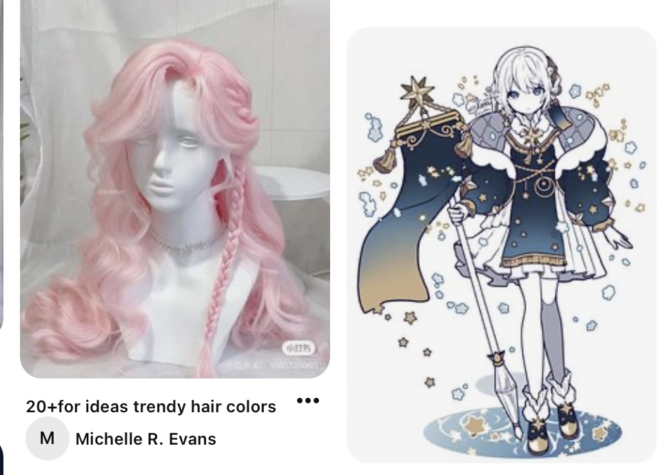the image shows a pink wig with a braid on a styrofoam head. there is also an animestyle drawing of a girl with white hair wearing a blue and gold dress. the text on the image suggests that it is a source of inspiration for trendy hair colors.