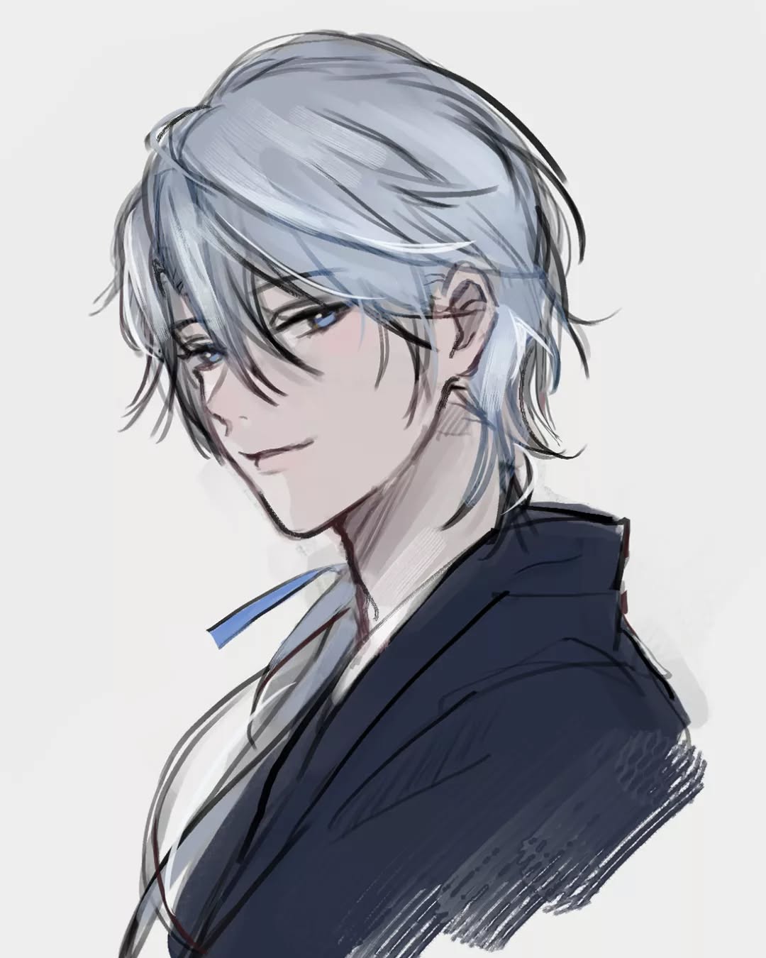 the image is a stylized digital drawing or sketch of an animestyle young man. he has shoulderlength, slightly tousled silver or white hair and striking blue eyes.  he's portrayed from the chest up, slightly turned away from the viewer, offering a threequarter profile. he appears calm and possibly slightly amused with a subtle smile playing on his lips. his clothing is dark, possibly a jacket or coat, with a lighter colored inner garment visible at the collar, and a hint of a blue accessory. the art style is loose and expressive, utilizing soft shading and lines, giving it a somewhat sketchy, unfinished quality but maintaining a strong sense of character and elegance.  the background is a plain, light grey, drawing attention solely to the figure.
