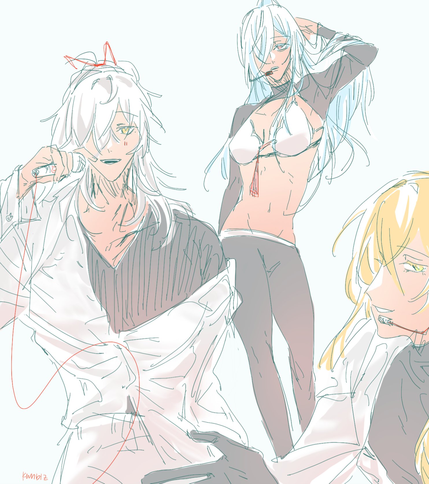 this is an anime drawing of a group of people. the person on the left is wearing a white shirt, black pants and black gloves. the person in the middle is wearing a black top and black pants. the person on the right is wearing a black top and black pants. the person on the left is holding a microphone. the person in the middle is smiling. the person on the right has an intense look on their face.