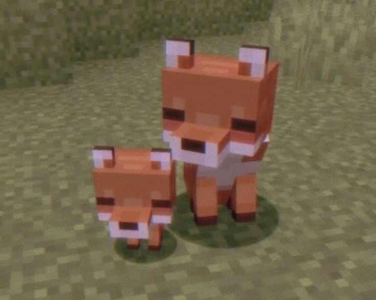 the image shows a digital rendering of two minecraft foxes.  a larger adult fox stands behind a smaller fox cub.  both foxes are depicted in the characteristic blocky style of minecraft, with orange fur, white accents on their chest and tail, and dark eyes. they are standing on a textured, green minecraftstyle grass surface.  the overall style is reminiscent of minecraft screenshots or fan art.