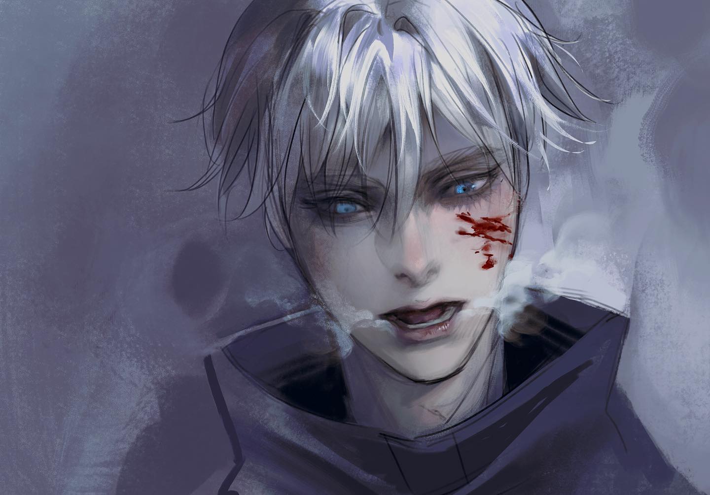 a closeup portrait of a young man with striking white hair and piercing blue eyes. he has a bloodied gash on his cheek and a hint of a smirk playing on his lips. smoke swirls around his face, adding to his dark and brooding aura. the overall color palette is cool and muted, further enhancing the image's somber tone.