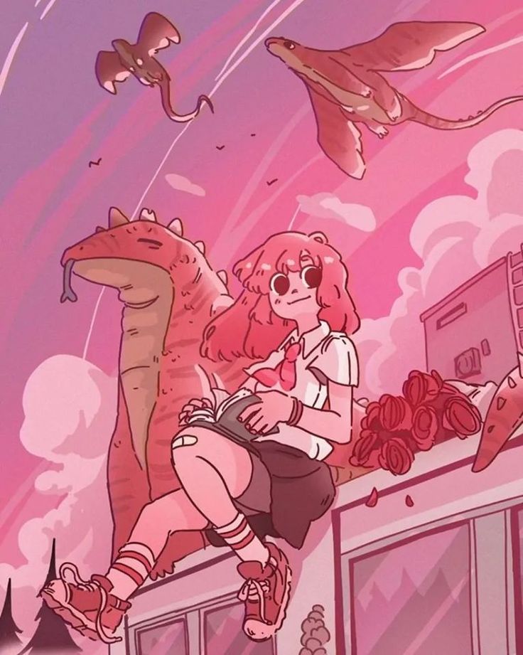 a cartoon girl with pink hair is sitting on a dinosaur's neck, looking at a book. the girl is wearing a white shirt and red skirt, and her hair is flowing in the wind. the dinosaur is looking at the girl with a friendly expression. in the background, there are two dragons flying in the sky, and a building with red flowers on the roof.  the entire image is painted in pink and red tones, giving it a whimsical and adorable look.