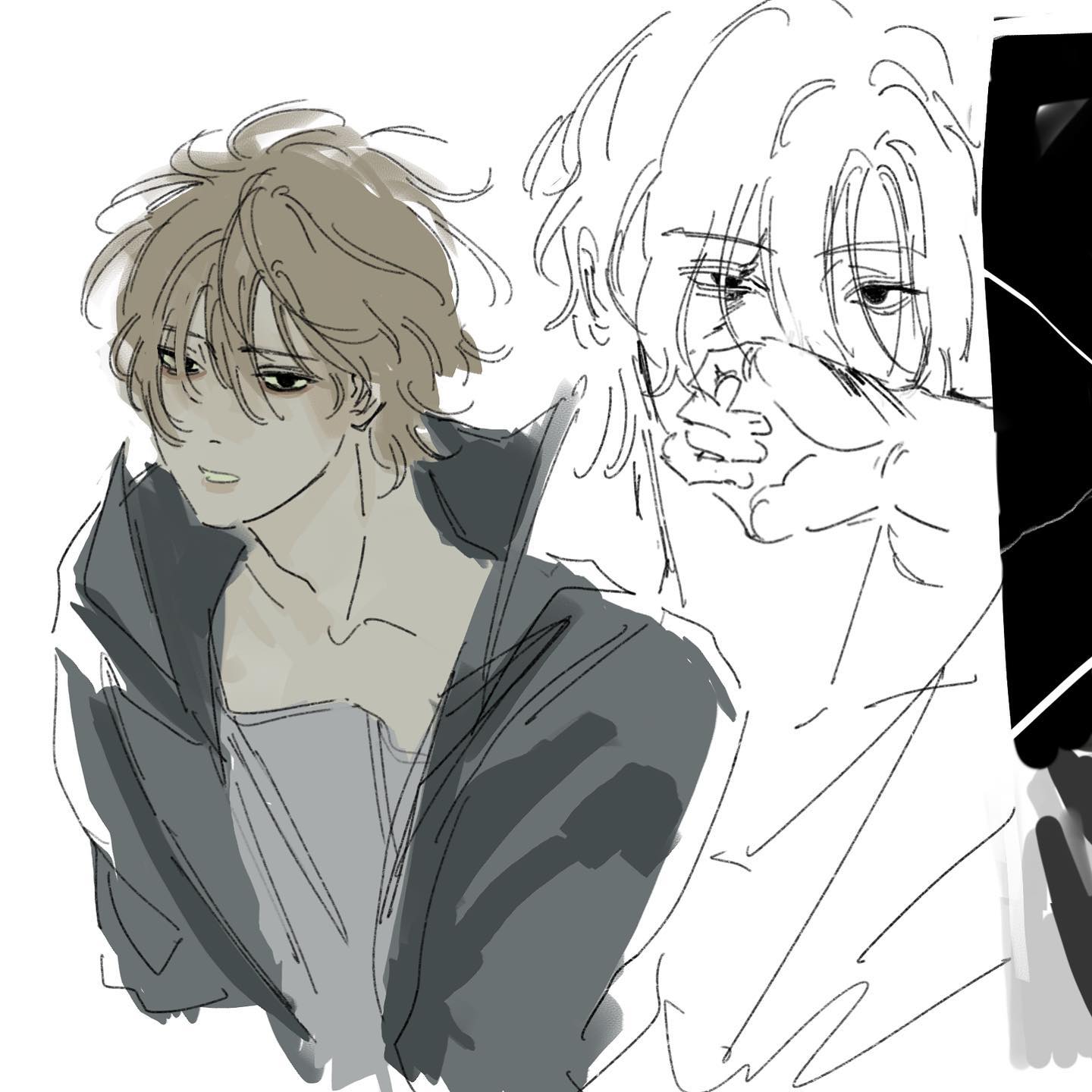this is a digital drawing of two anime male characters. one with brown hair is in the foreground and the other with white hair in the background. both appear to be looking down, the one in the front looks serious while the one in the back looks sad. the drawing is done in black, white, and grey.