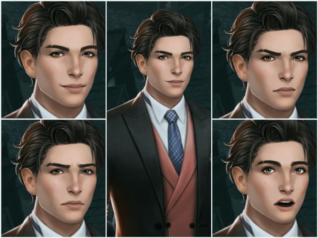 the image is a composite of portraits of a man. he has dark hair, fair skin with freckles, and is wearing a suit with a tie and vest. the images show him with various facial expressions. the style appears to be digital art or an illustration. he looks like a character, possibly a butler.