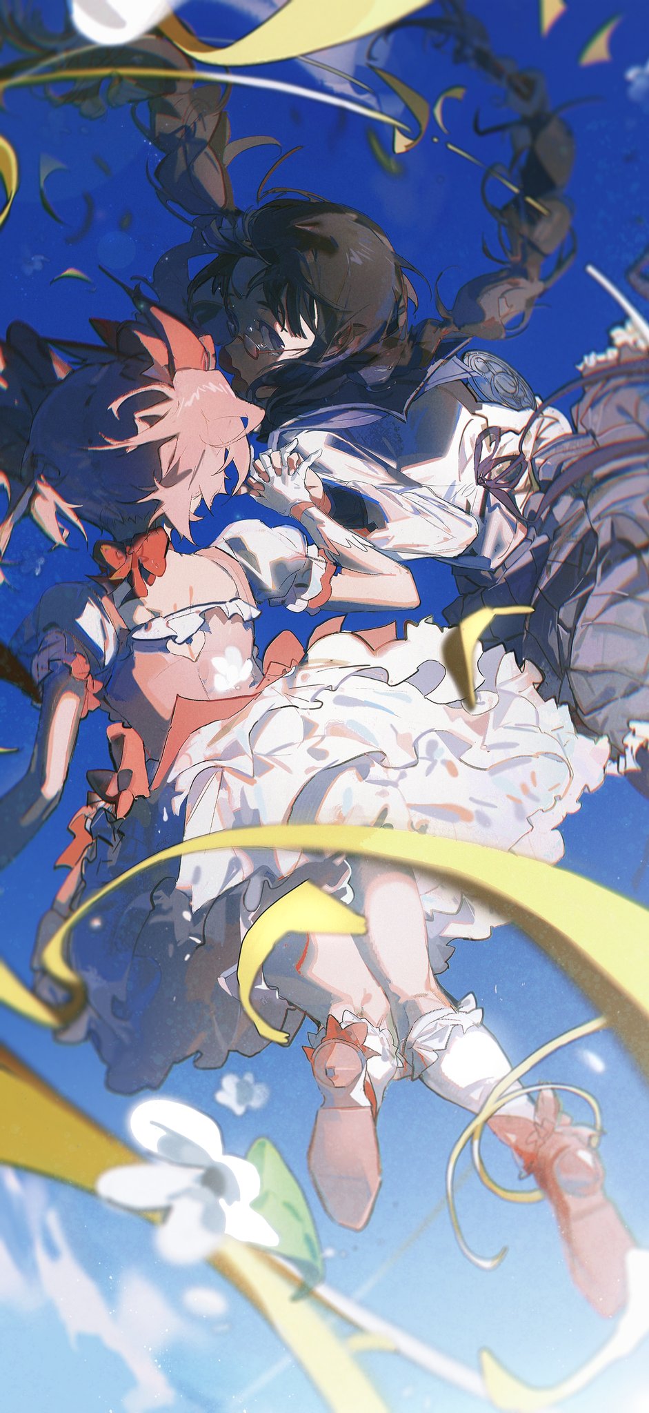 the image features two anime girls with pink and white dresses, holding hands, flying in the air.  they have long, flowing hair and are surrounded by yellow streaks and flowers, as if they are in a magical scene.  the background is a bright blue sky with white clouds.