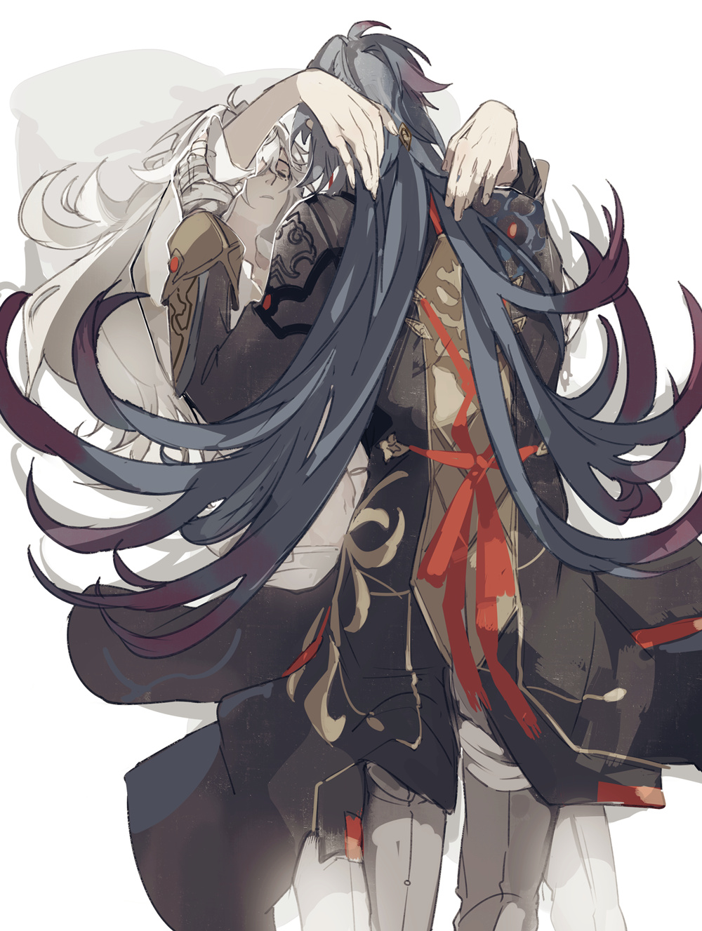 this is a digital illustration of two anime boys hugging and kissing. the boy on the left has long white hair and is wearing a white robe. the boy on the right has long black hair and is wearing a dark coat and red ribbon. both of them appear to be wearing traditional japanese clothing. they are surrounded by a flurry of white and purple strands of hair.  the boys have affectionate expressions on their faces, and their hands are around each other, creating a sense of love and intimacy.