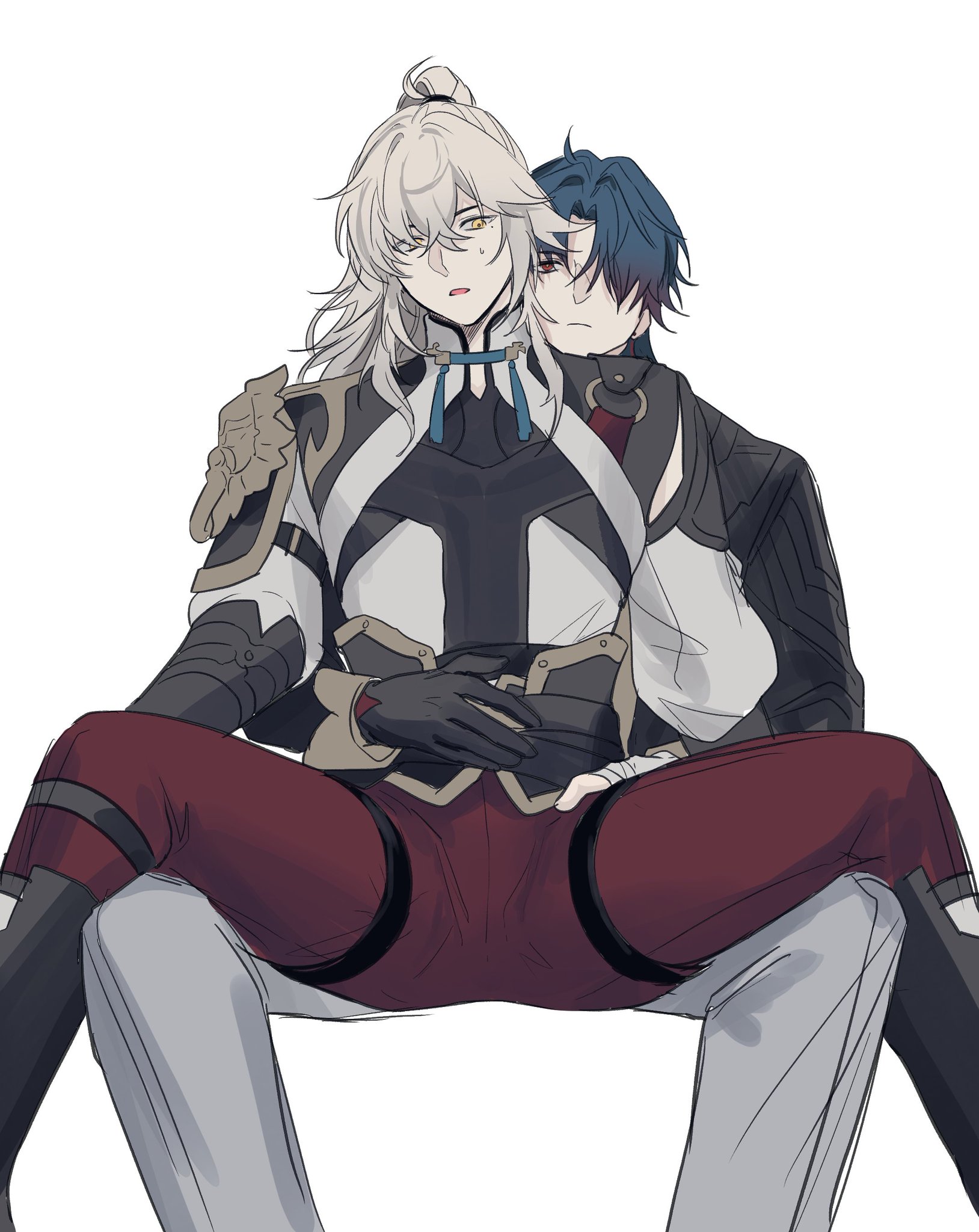 this is an anime style image of two men sitting on the floor, with the man on the left leaning on the man on the right. the man on the left is dressed in white and black, and the man on the right is wearing a white shirt, black pants and red