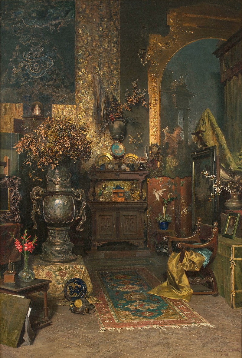 the painting depicts a richly decorated interior scene. in the foreground, there is a large silver vase filled with dried flowers, sitting on a patterned pedestal next to a small wooden table with flowers in a vase. a detailed oriental rug lies on the floor, leading towards a wooden cabinet adorned with various ornaments, including globes and plates. behind the cabinet, there's a tall, decorative tapestry and an arched doorway that reveals another part of the room. to the right, there's a chair with draped fabric, a mirror, and another table with a portrait on it. the walls are adorned with intricate patterns and artwork, contributing to the overall opulent and cluttered atmosphere of the room.