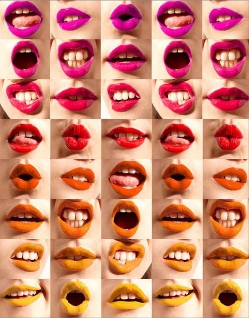 the image is a grid of closeup photographs of a woman's mouth wearing different shades of lipstick. the lips are in various positions, some open, some closed, some with teeth showing. the colors of the lipstick range from bright pink and purple to orange and yellow.