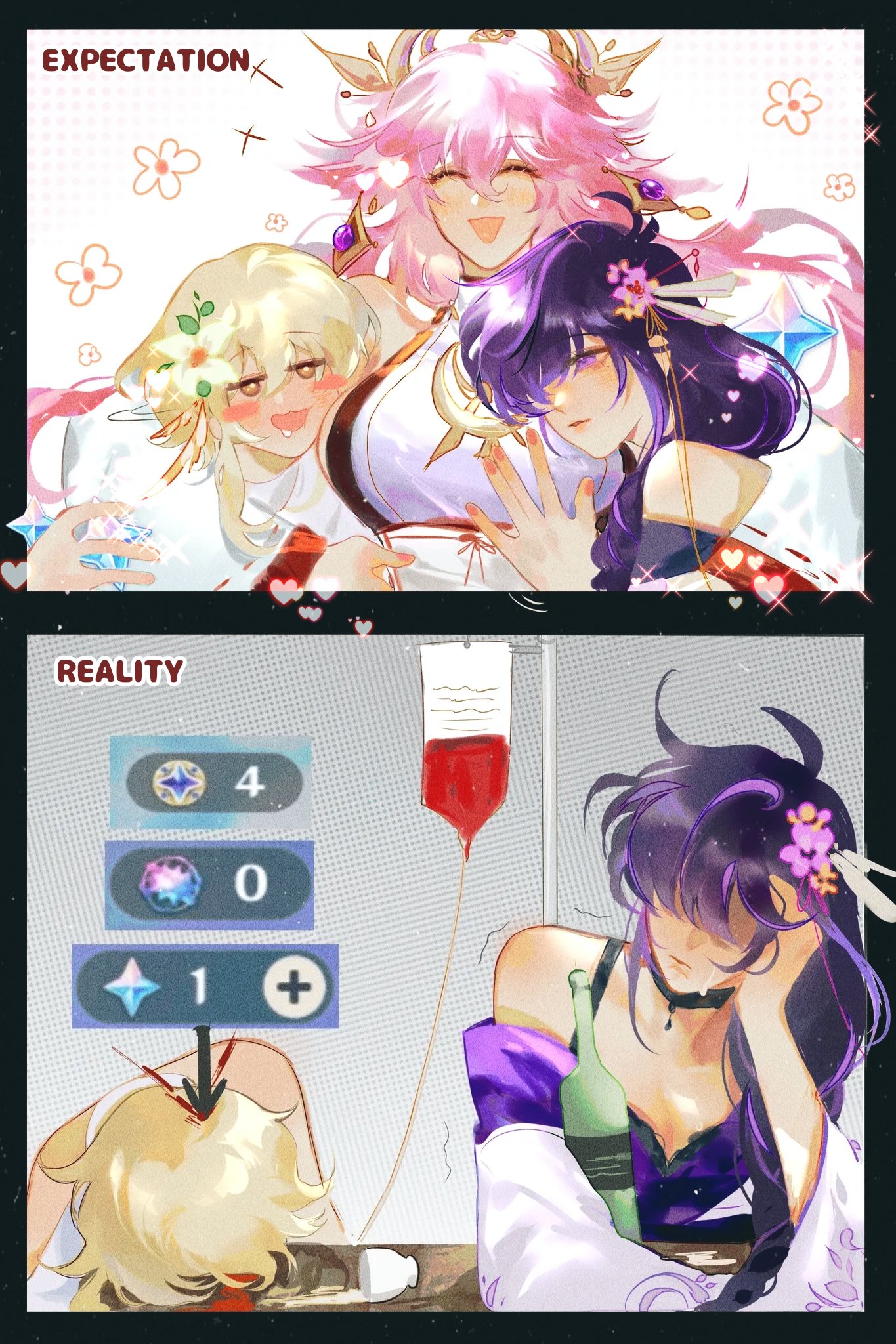 he image is a humorous comparison of expectations versus reality. the top panel depicts a heartwarming scene of three genshin impact characters – raiden shogun, nahida, and kuki shinobu – in a group hug. the bottom panel shows a stark contrast; kuki shinobu is exhausted, looking defeated while leaning on a table with a blood bag beside her. nahida is laying on the table, seemingly unconscious.  the game's gacha system is represented by a display of character pulls showing poor results— a stark contrast to the idyllic top image. the style is animeinspired digital fanart, with soft colors and a cute, chibilike depiction of the characters in the upper section shifting to a more realistic and less idealistic portrayal in the lower section.