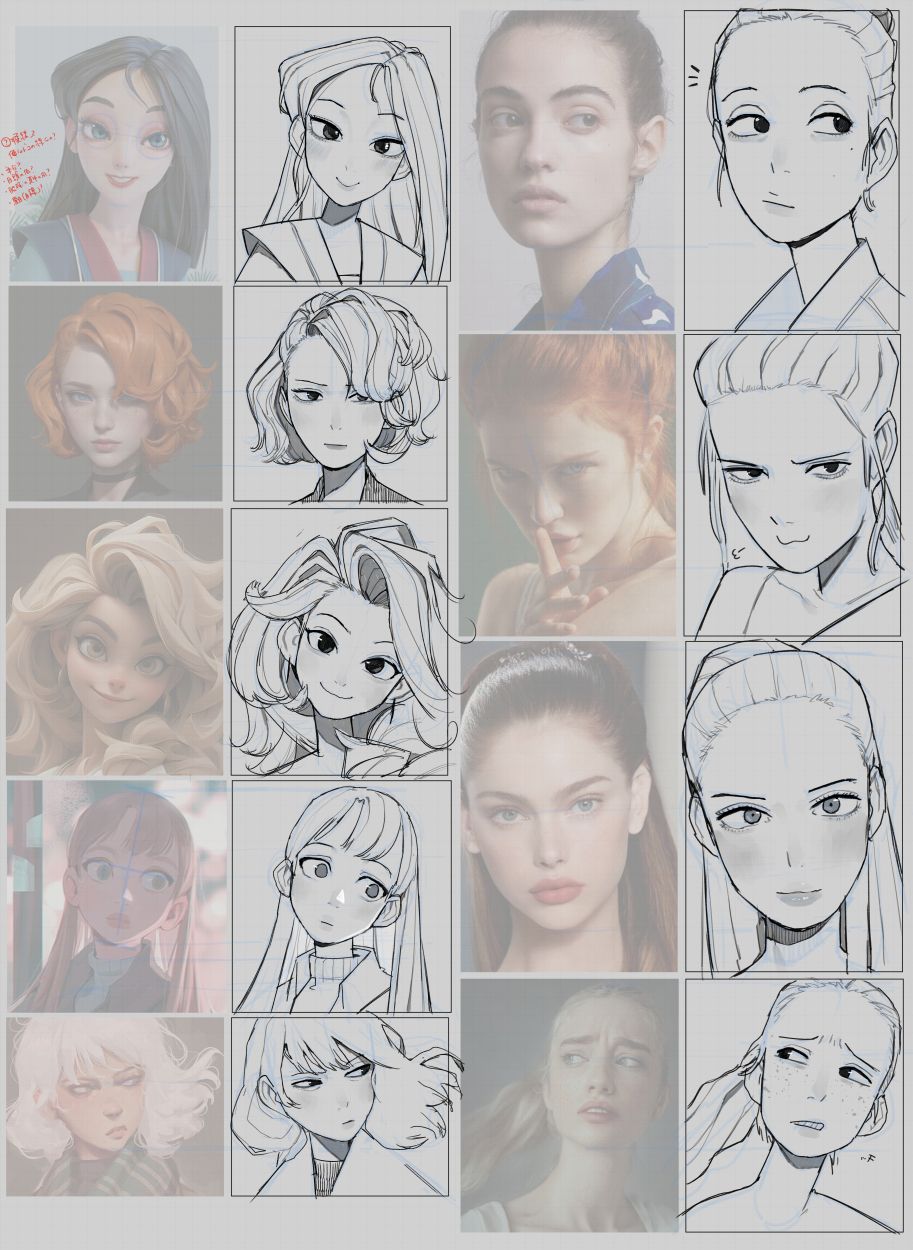 the image is a collection of female portrait studies in various art styles. it features a grid of images, with each row typically showcasing the same subject in different styles. the leftmost column appears to be digital paintings or renders, while the second column features stylized cartoon or animeinspired illustrations. the third column consists of photographs of real women, and the final column presents line art sketches of female faces. the portraits emphasize different ages, hair colors, and expressions, offering a diverse range of artistic interpretations.