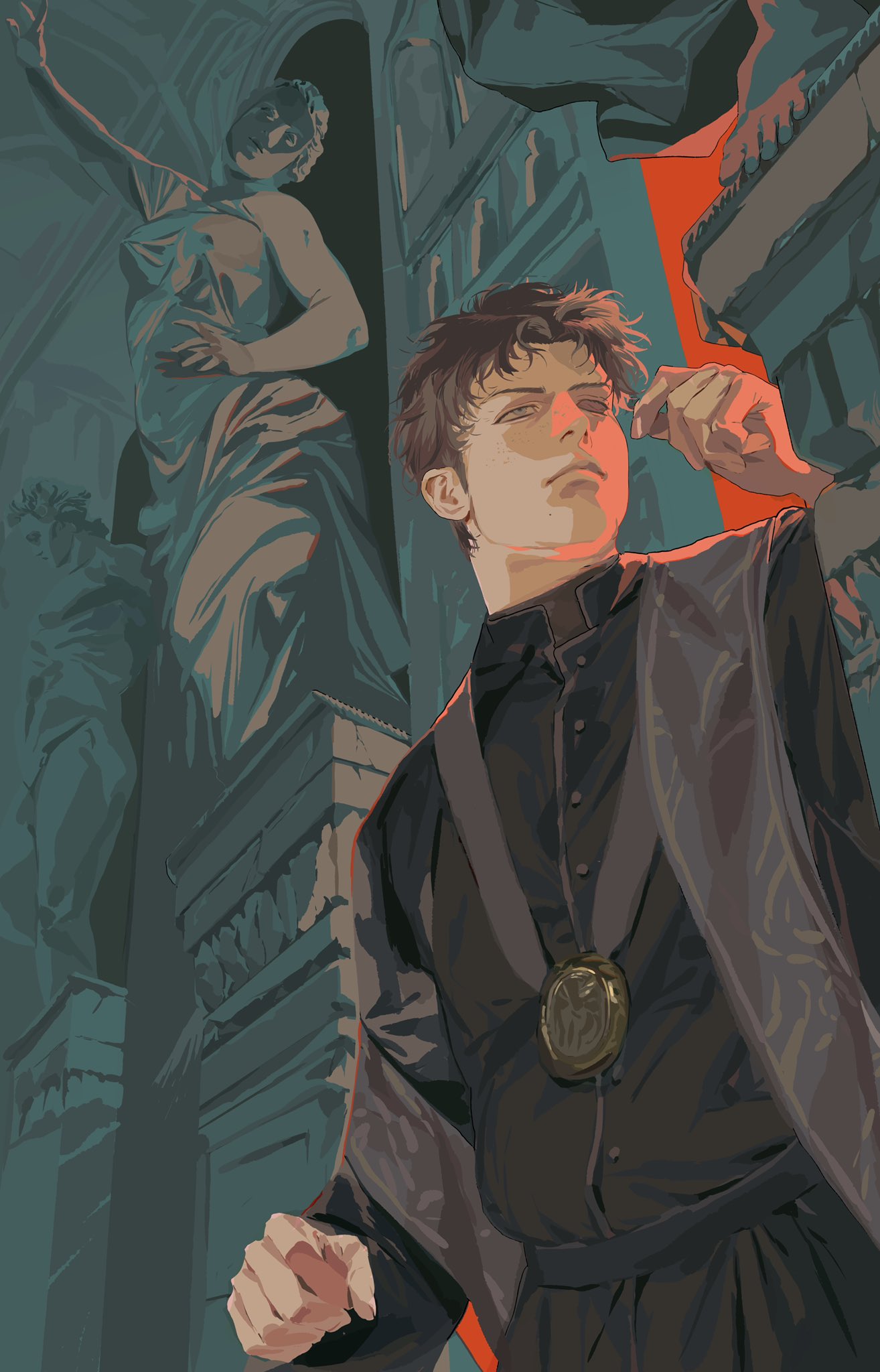 a digital painting of a young man in a cleric's robe with a medal around his neck, standing in front of a building with sculptures. the building is lit with red and teal light.