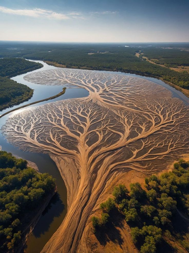 an aerial view of a braided river exhibiting a striking treelike pattern formed by sediment deposits and channels, surrounded by lush vegetation and forest.