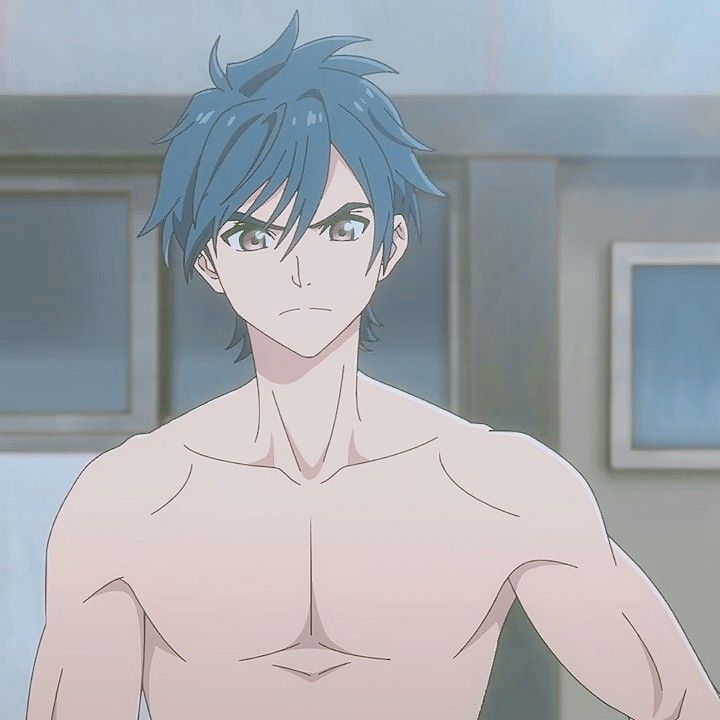 an anime male character with blue hair is looking forward seriously. he is shirtless, showing off his muscular, toned body, abs, and chest. he is a young adult, and his torso is welldefined. the art style is cartoonish and illustrative.