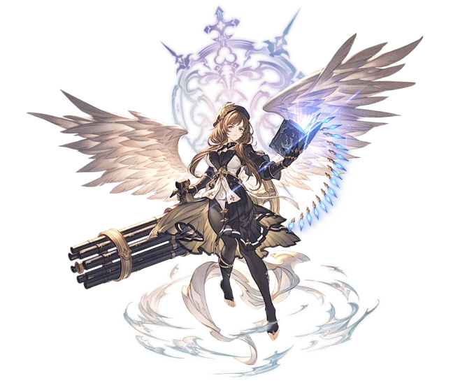a female character with large white feathery wings, dressed in an elaborate black and gold outfit, floats above the ground. she holds a glowing blue book in one hand and a multibarreled gun rests beside her. an intricate, silver,  circular design hovers behind her head.