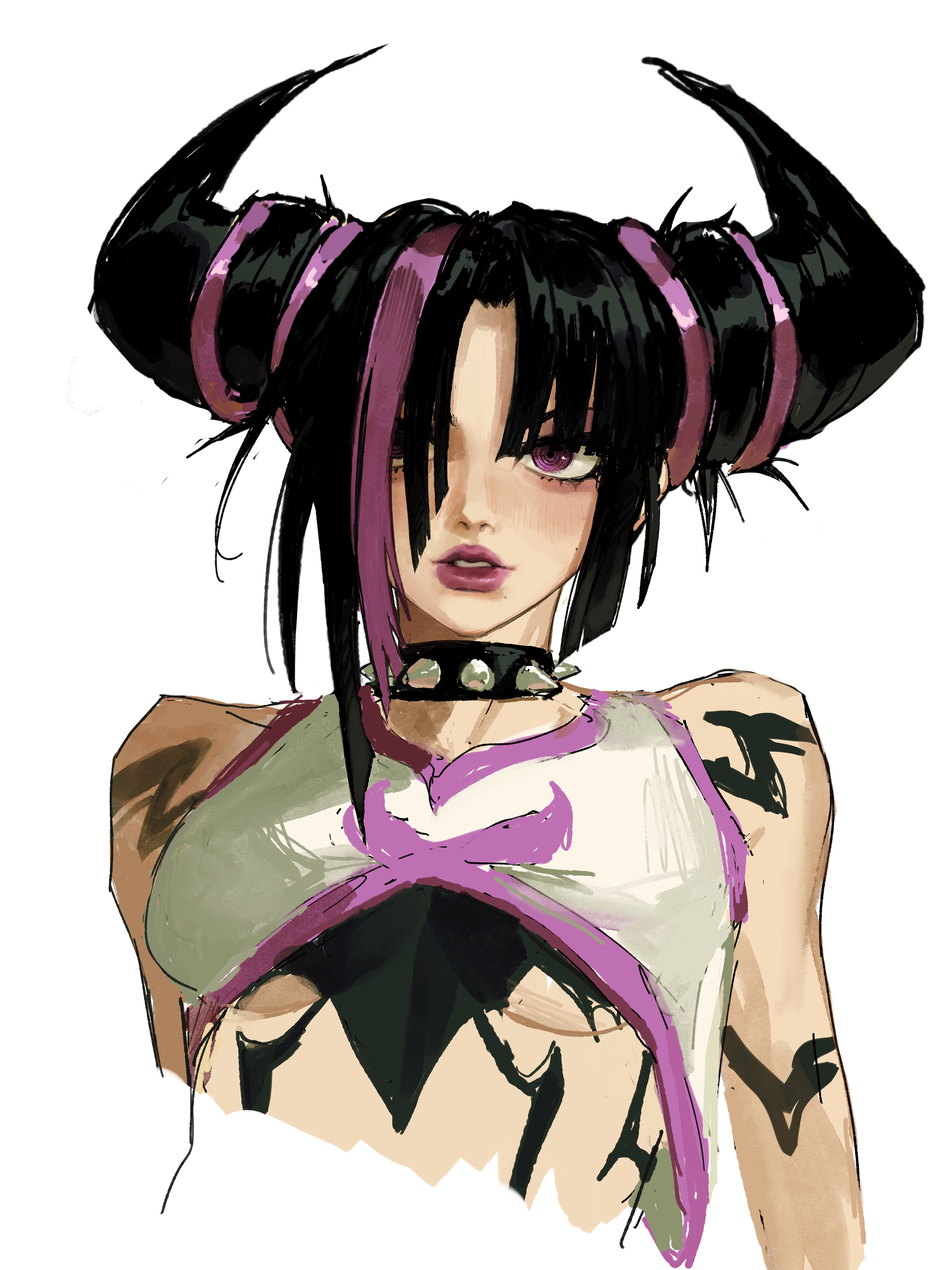 the image is a digital painting of a stylized anime girl. she has black hair with purple streaks, prominent horns curving back from her head, and is adorned with a punkstyle choker. she's wearing a sleeveless top that reveals her midriff, and has dark tattoos on her arms. her expression is fierce and confident. the art style is loose and expressive, with visible brushstrokes and texture.  the overall aesthetic suggests a character from a fighting game or fantasy setting, possibly drawing inspiration from street style fashion.