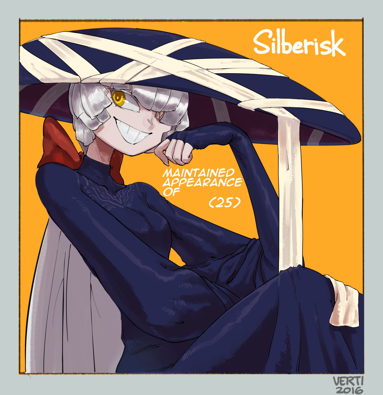 a drawing of an anime woman in a black dress and a striped white and blue hat. the background is yellow with the word "silberisk" in the upper right corner. the woman is smiling with her hand on her chin. she has long white hair and bright blue eyes.  the hat is wrapped in white bandagelike material. there is a ribbon in her hair on the left side.  the text "maintained appearance of (25)" is in front of her, seemingly floating in the air.